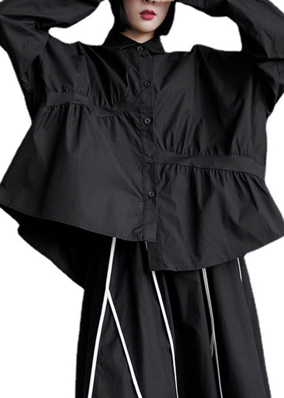 Italian Black Peter Pan Collar Wrinkled Button Cotton Shirt Long Sleeve