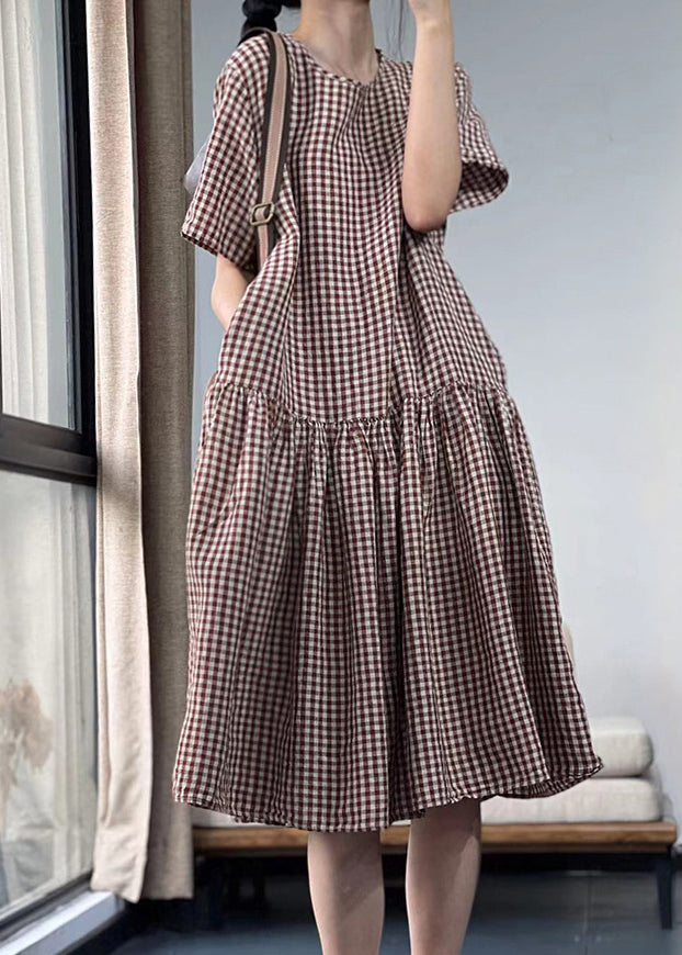 Italian Black Plaid O Neck Pockets Cotton Dresses Summer