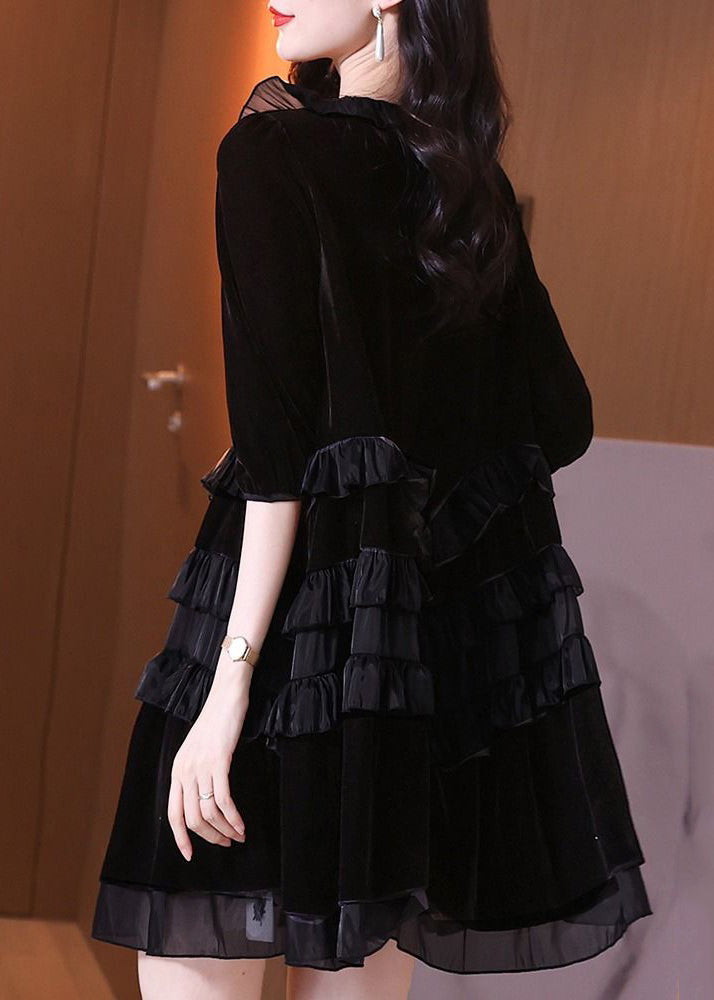 Italian Black Ruffled Lace Up Patchwork Velour Mid Dress Half Sleeve