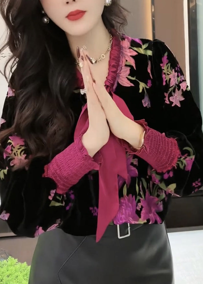 Italian Black Ruffled Print Lace Up Silk Velour Shirt Spring