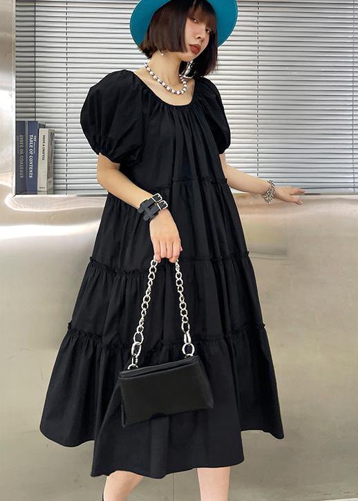 Italian Black Ruffled Puff Sleeve  A Line Summer Dress - Omychic