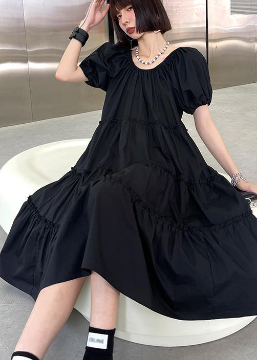 Italian Black Ruffled Puff Sleeve  A Line Summer Dress - Omychic