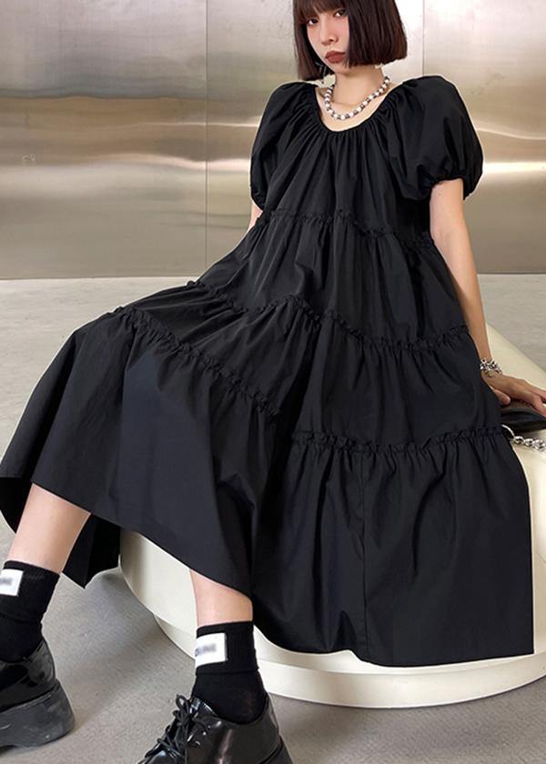 Italian Black Ruffled Puff Sleeve  A Line Summer Dress - Omychic