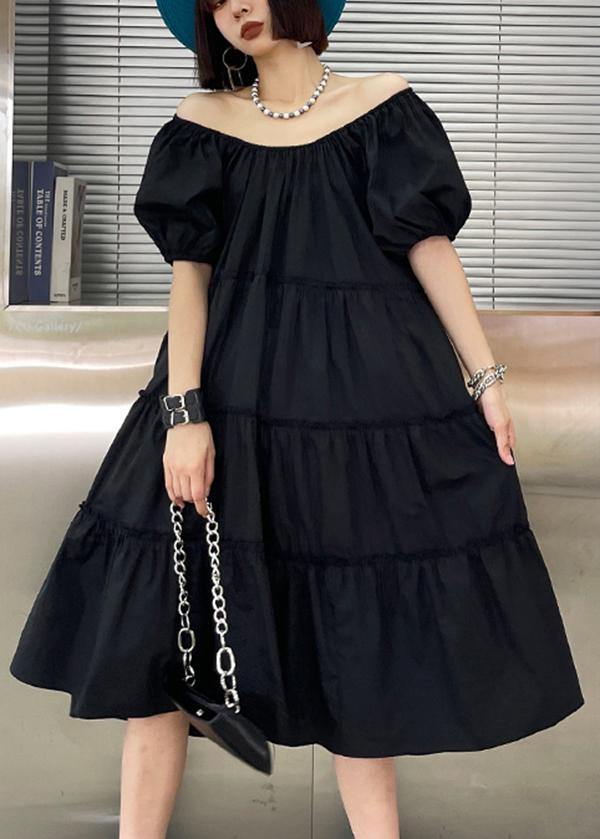 Italian Black Ruffled Puff Sleeve  A Line Summer Dress - Omychic