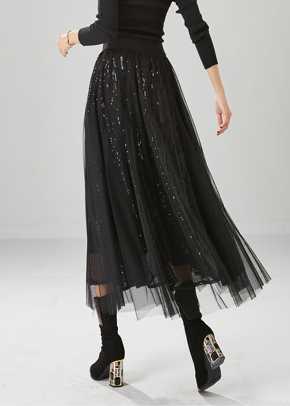 Italian Black Sequins Exra Large Hem Tulle Skirt Fall