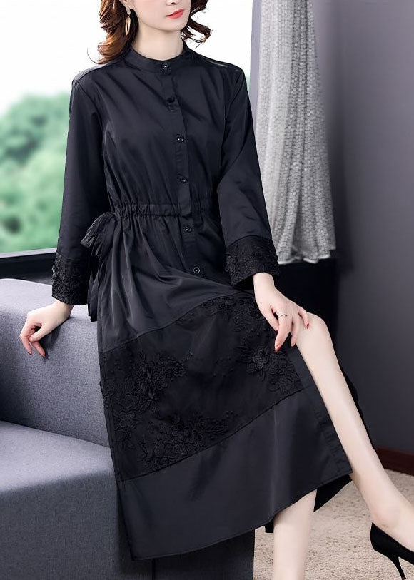 Italian Black Stand Collar Embroideried Patchwork Cotton Trench Long Sleeve