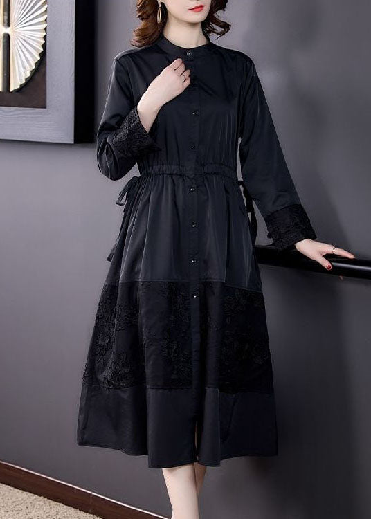 Italian Black Stand Collar Embroideried Patchwork Cotton Trench Long Sleeve