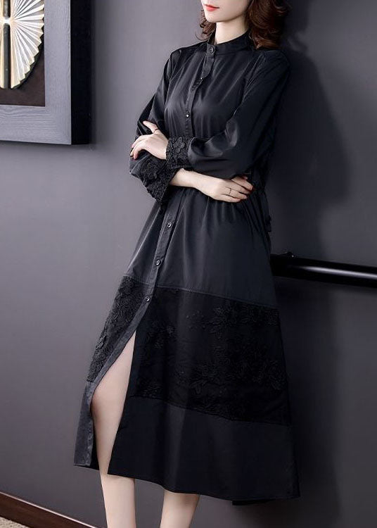 Italian Black Stand Collar Embroideried Patchwork Cotton Trench Long Sleeve