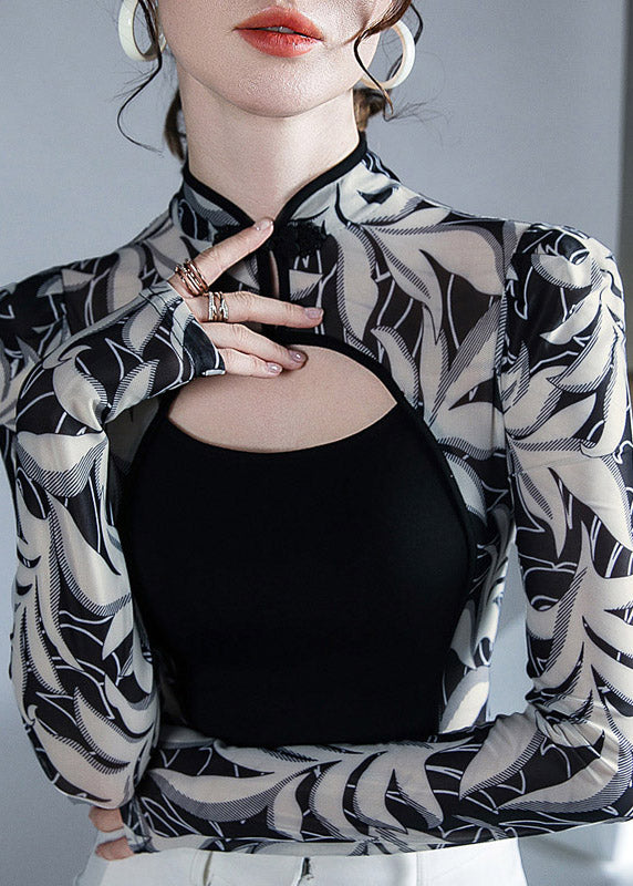 Italian Black Stand Collar Print Tulle Top Long Sleeve