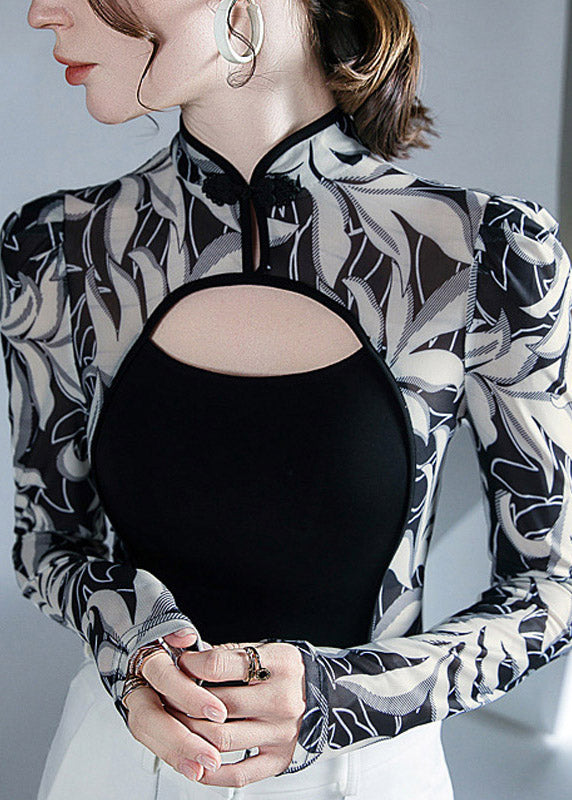 Italian Black Stand Collar Print Tulle Top Long Sleeve