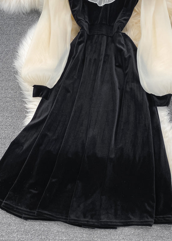 Italian Black Stand Collar Tulle Patchwork Velour Long Dresses Long Sleeve