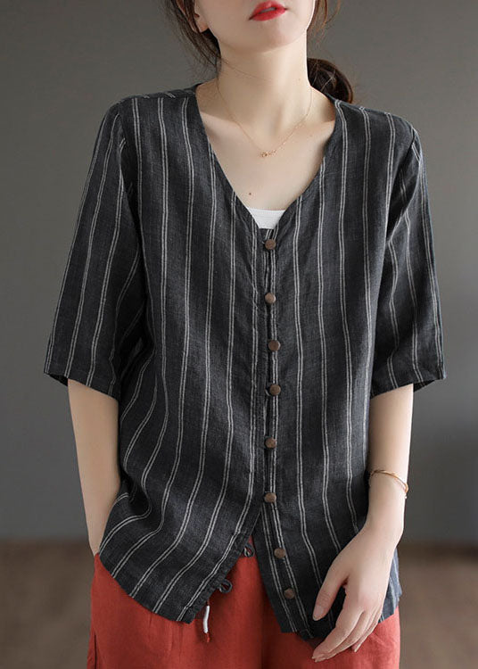 Italian Black Striped V Neck Button Patchwork Linen Blouses Summer
