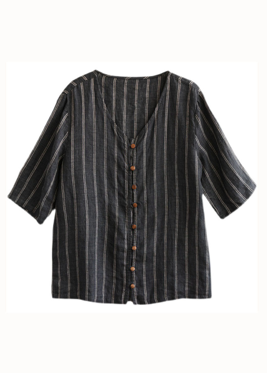 Italian Black Striped V Neck Button Patchwork Linen Blouses Summer