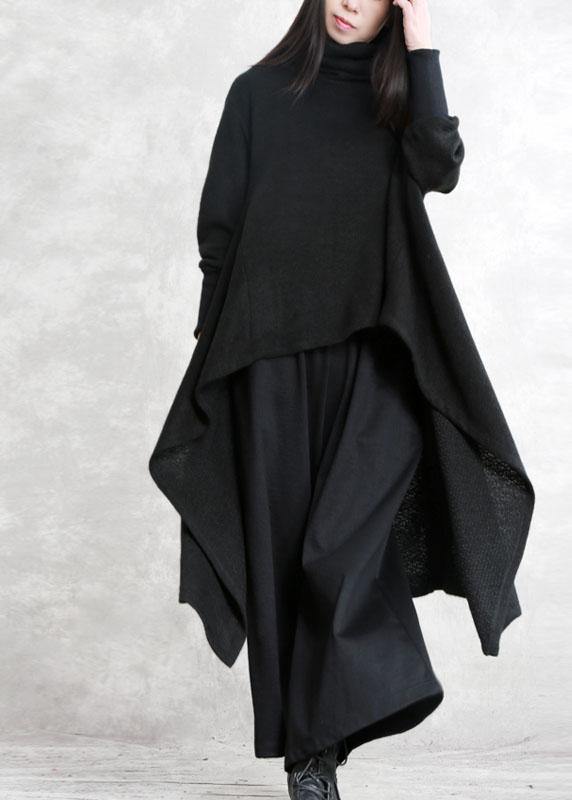 Italian Black Turtleneck Pockets Fall Asymmetrical Design Knit Sweater - Omychic