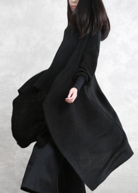 Italian Black Turtleneck Pockets Fall Asymmetrical Design Knit Sweater - Omychic