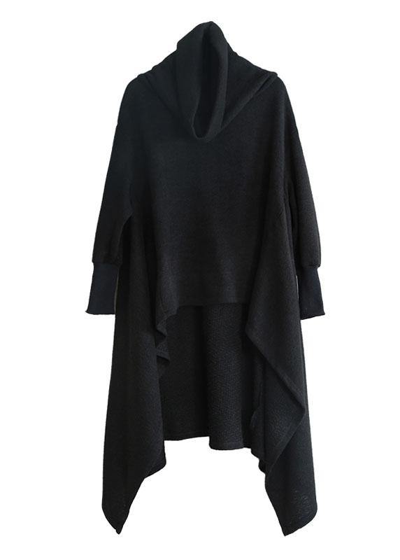 Italian Black Turtleneck Pockets Fall Asymmetrical Design Knit Sweater - Omychic