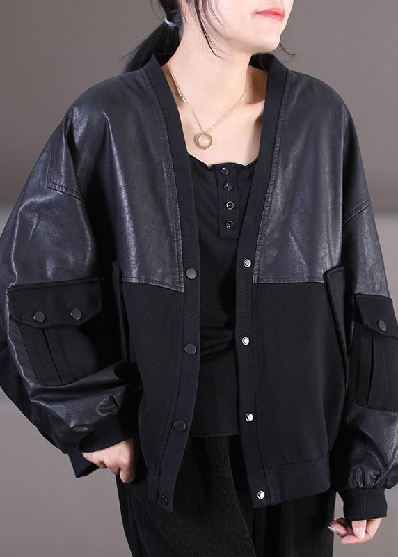 Italian Black V Neck Button Pockets Faux Leather Patchwork Knit Coat Long Sleeve