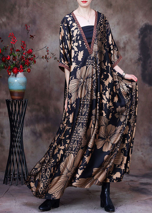 Italian Black V Neck Patchwork Print Silk Maxi Dress Half Sleeve