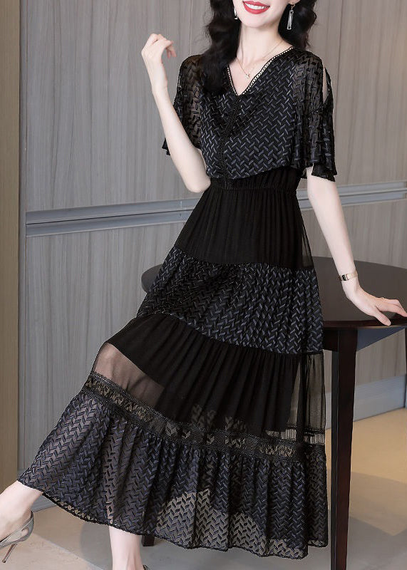 Italian Black V Neck Wrinkled Patchwork Chiffon Long Dresses Summer