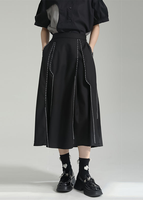 Italian Black Wrinkled Pockets Patchwork Cotton Skirts Fall