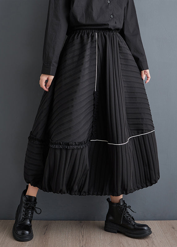 Italian Black Wrinkled Pockets Patchwork Patchwork Cotton Skirt Fall