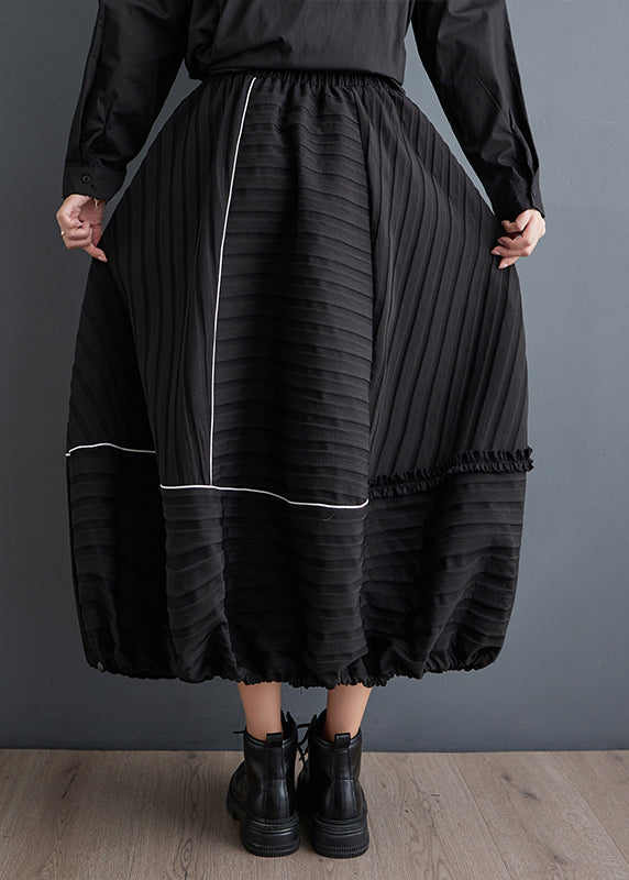 Italian Black Wrinkled Pockets Patchwork Patchwork Cotton Skirt Fall