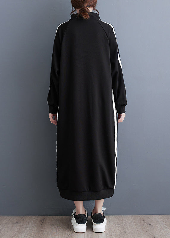 Italian Black Zip Up Patchwork Loose Cotton Long Dresses Fall