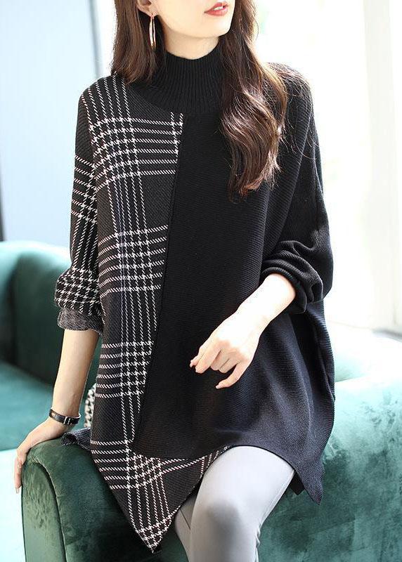 Italian Black asymmetrical design Patchwork Plaid Fall Knit sweaters - Omychic