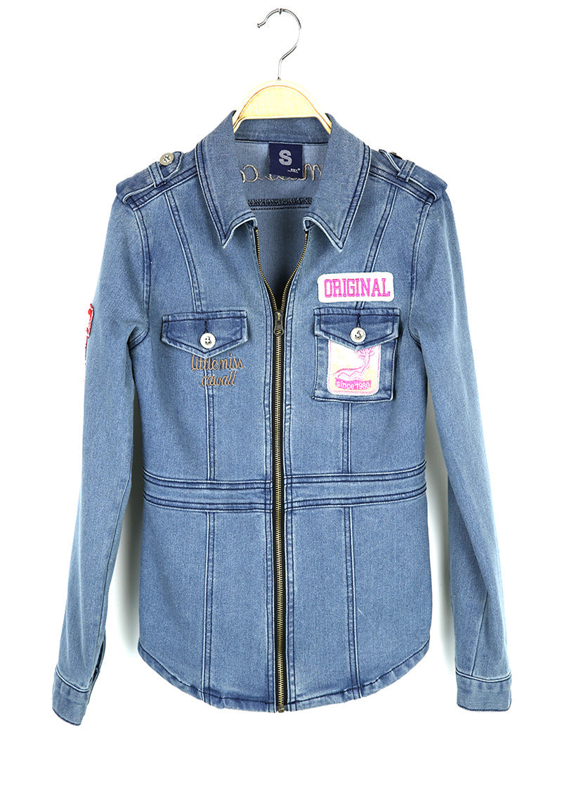 Italian Blue Embroideried Applique Denim Coat Outwear Fall