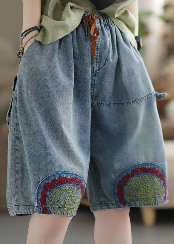 Italian Blue Embroideried Pockets Patchwork Denim Shorts Summer