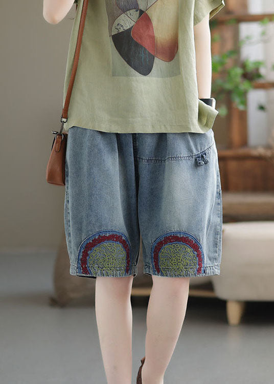 Italian Blue Embroideried Pockets Patchwork Denim Shorts Summer