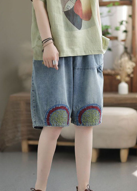 Italian Blue Embroideried Pockets Patchwork Denim Shorts Summer