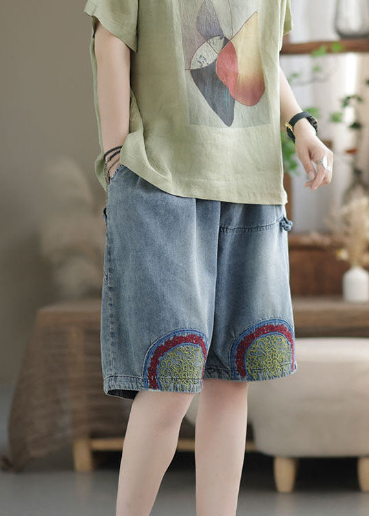 Italian Blue Embroideried Pockets Patchwork Denim Shorts Summer
