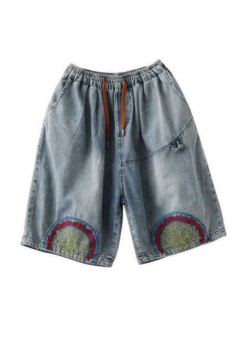 Italian Blue Embroideried Pockets Patchwork Denim Shorts Summer