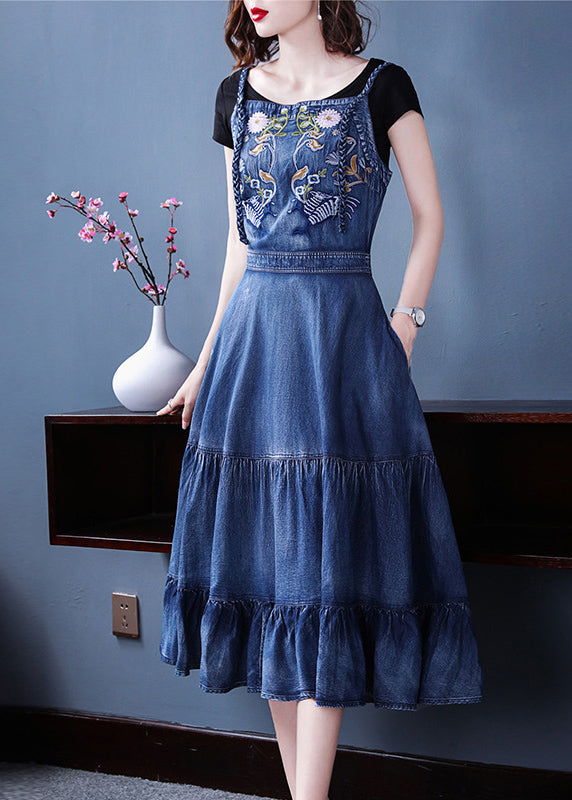 Italian Blue Embroideried Zippered Ruffles Cotton Denim Spaghetti Strap Dress Summer