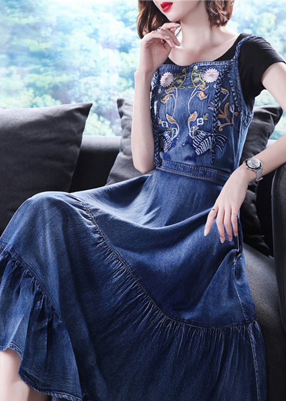 Italian Blue Embroideried Zippered Ruffles Cotton Denim Spaghetti Strap Dress Summer
