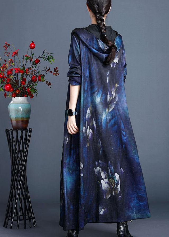 Italian Blue Hooded Print Fall Cardigan Long Sleeve - Omychic