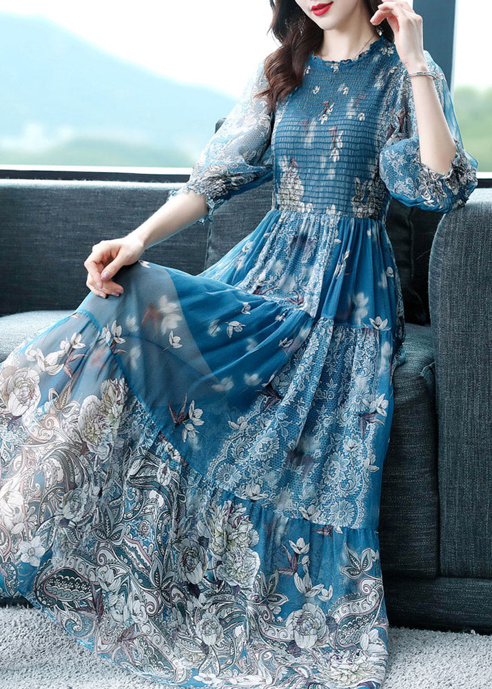 Italian Blue O-Neck Wrinkled Ruffled Tunic Silk Maxi Print Dresses Spring