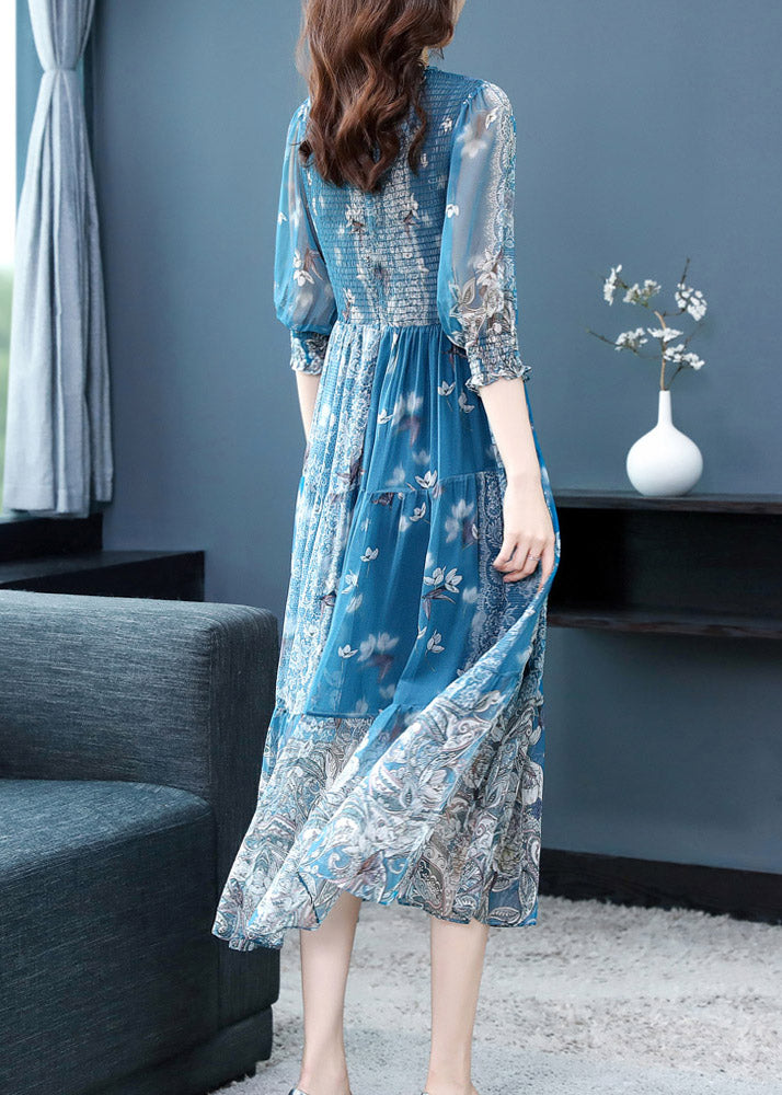 Italian Blue O-Neck Wrinkled Ruffled Tunic Silk Maxi Print Dresses Spring