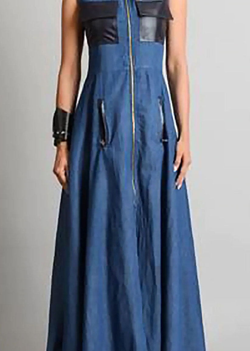 Italian Blue O Neck Zippered Patchwork Denim Maxi Dresses Sleeveless