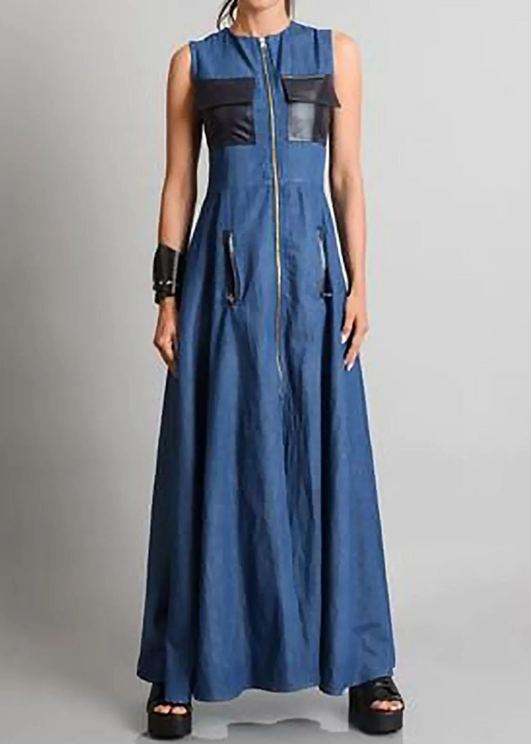 Italian Blue O Neck Zippered Patchwork Denim Maxi Dresses Sleeveless