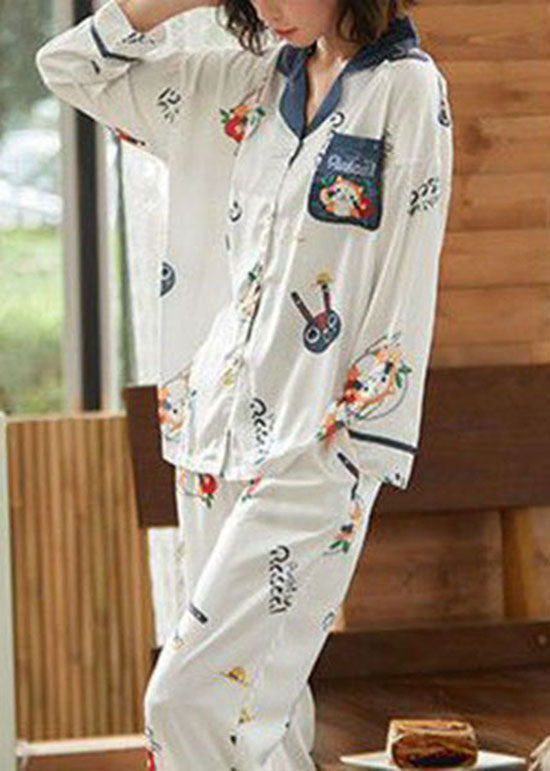 Italian Blue Peter Pan Collar Print Ice Silk Pajamas Two Pieces Set Summer