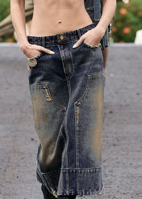 Italian Blue Pockets Patchwork Denim Straight Skirts Fall