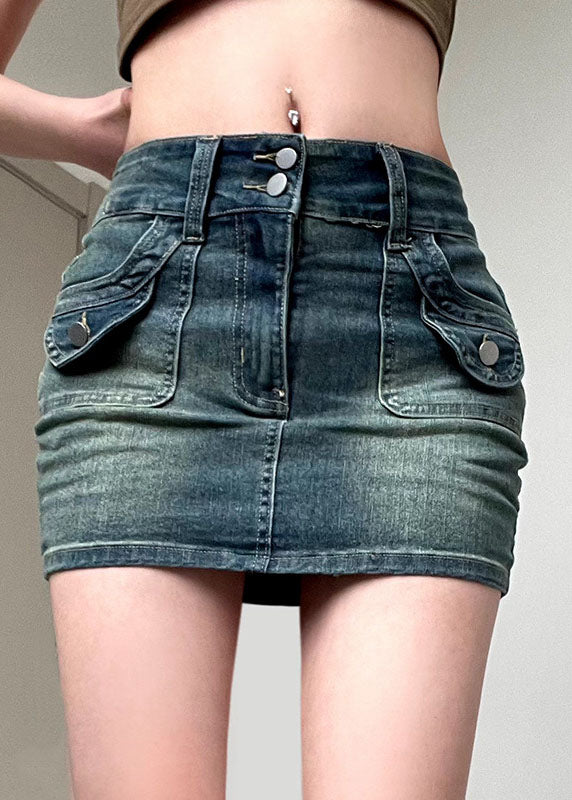 Italian Blue Pockets Patchwork Slim Mini Denim Skirts Fall
