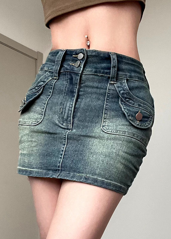 Italian Blue Pockets Patchwork Slim Mini Denim Skirts Fall