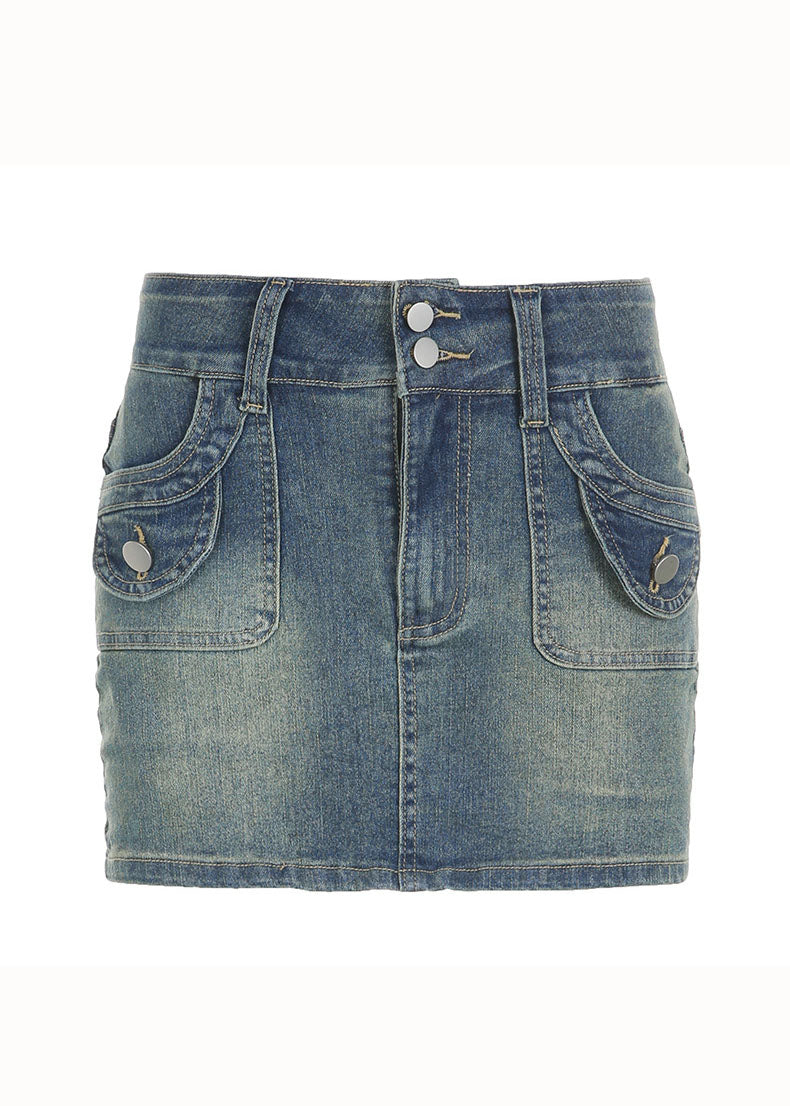 Italian Blue Pockets Patchwork Slim Mini Denim Skirts Fall