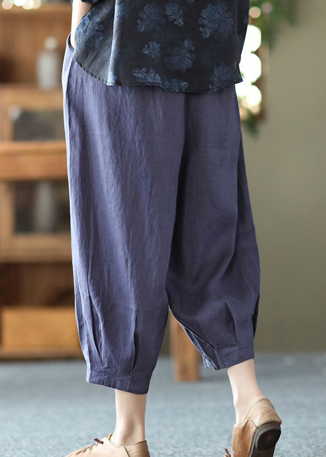 Italian Blue Pockets Wrinkled Patchwork Linen Crop Pants Summer