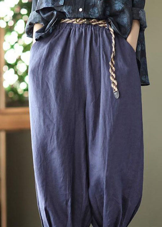 Italian Blue Pockets Wrinkled Patchwork Linen Crop Pants Summer