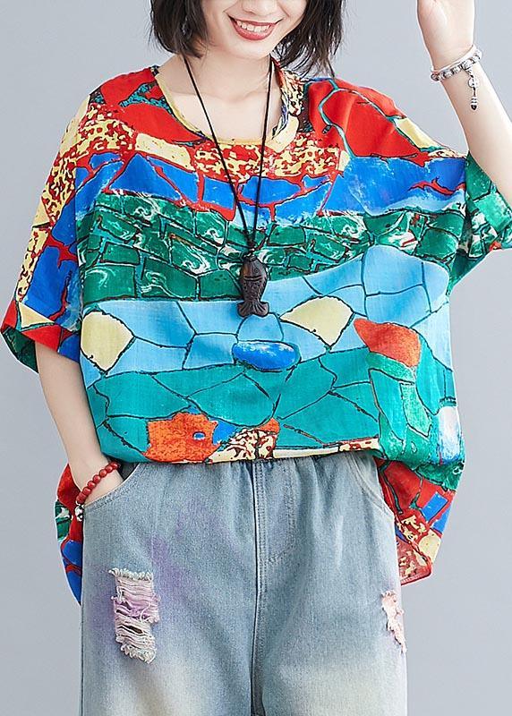 Italian Blue Print Batwing Sleeve Cotton Linen Shirt Top Summer - Omychic