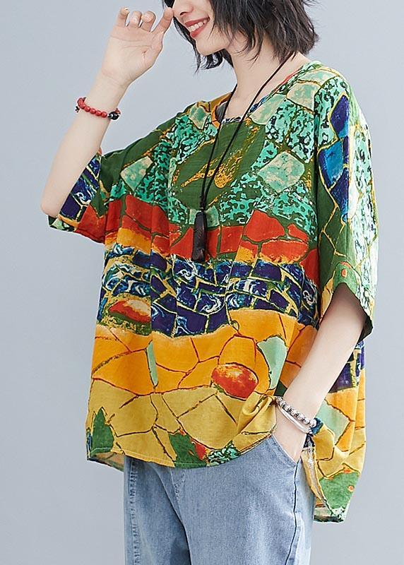 Italian Blue Print Batwing Sleeve Cotton Linen Shirt Top Summer - Omychic